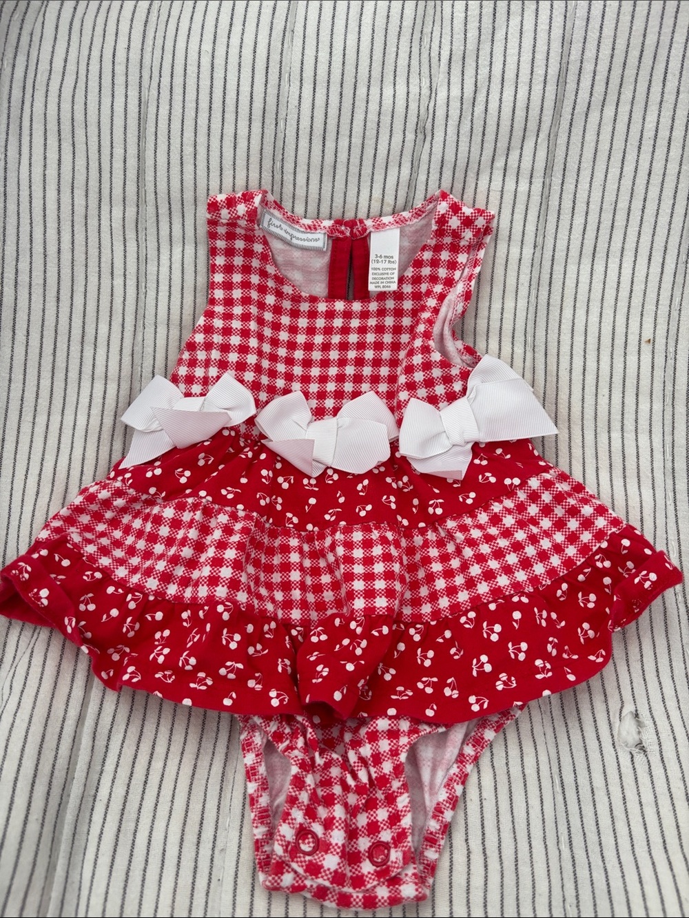 first impressions Gingham Dress Romper Red & White Baby 3-6 mos Like New